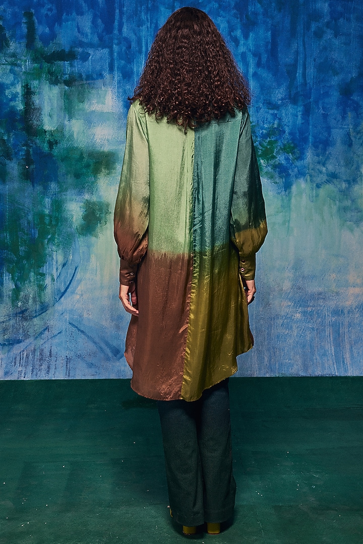 Sage & Brown Ombre Silk Applique Embroidered Long Shirt by Capisvirleo at Pernia's Pop Up Shop