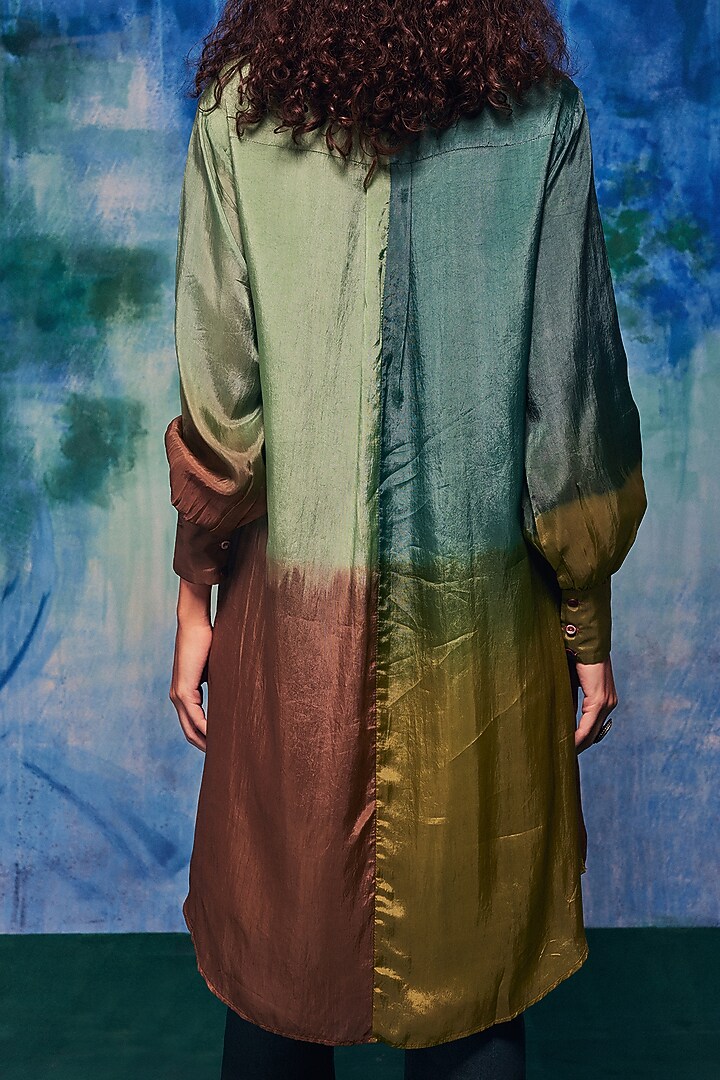 Sage & Brown Ombre Silk Applique Embroidered Long Shirt by Capisvirleo at Pernia's Pop Up Shop
