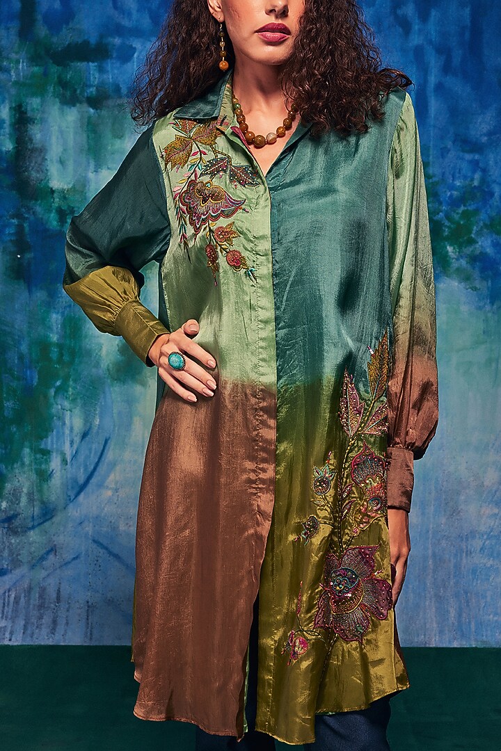 Sage & Brown Ombre Silk Applique Embroidered Long Shirt by Capisvirleo at Pernia's Pop Up Shop