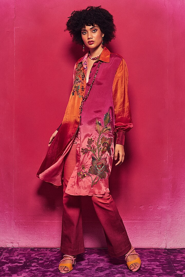 Peach & Fuchsia Ombre Silk Applique Embroidered Long Shirt by Capisvirleo at Pernia's Pop Up Shop