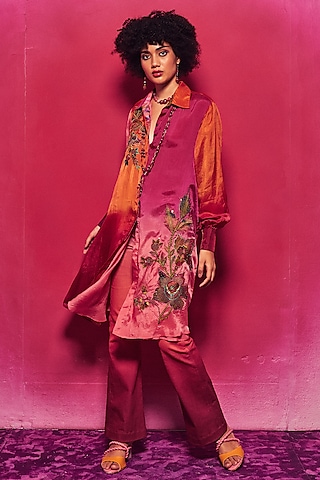 Peach & Fuchsia Ombre Silk Applique Embroidered Long Shirt by Capisvirleo