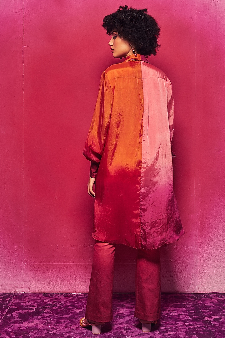 Peach & Fuchsia Ombre Silk Applique Embroidered Long Shirt by Capisvirleo at Pernia's Pop Up Shop