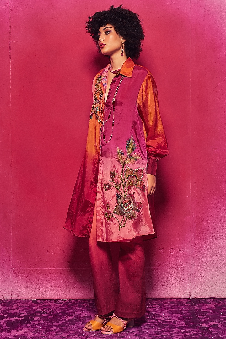 Peach & Fuchsia Ombre Silk Applique Embroidered Long Shirt by Capisvirleo at Pernia's Pop Up Shop