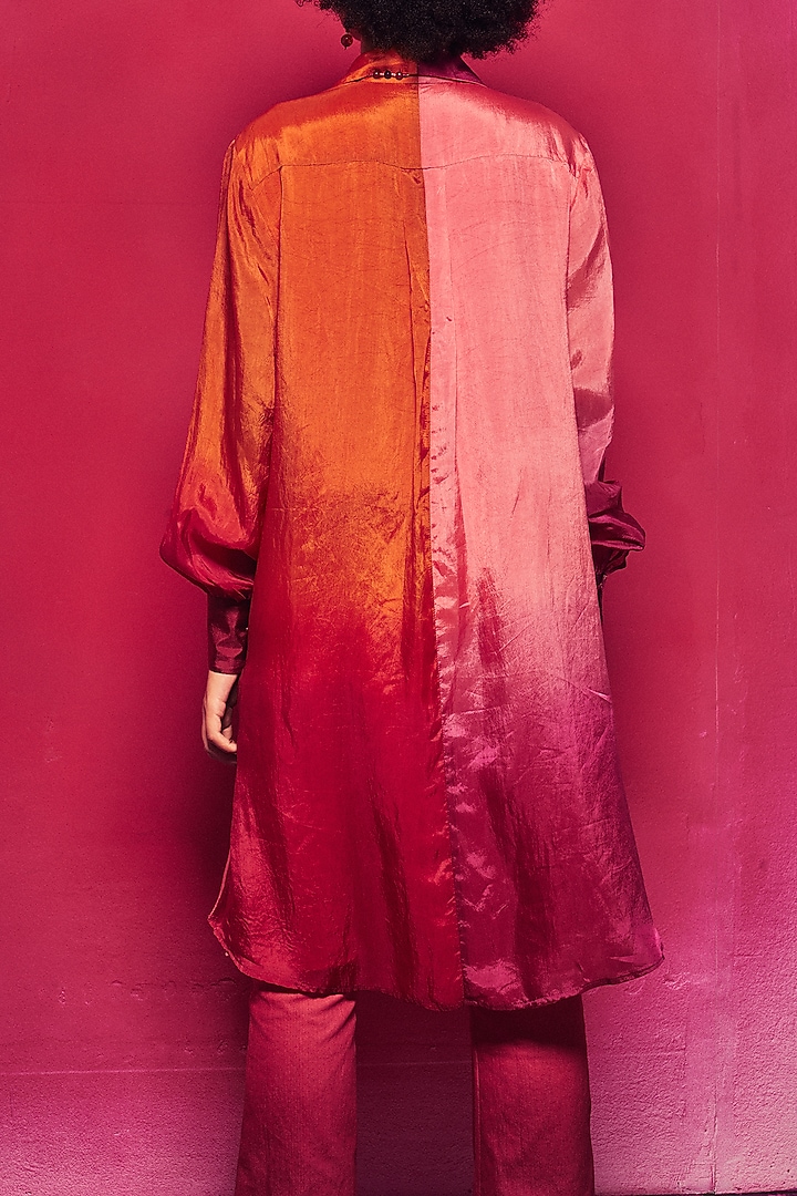 Peach & Fuchsia Ombre Silk Applique Embroidered Long Shirt by Capisvirleo at Pernia's Pop Up Shop