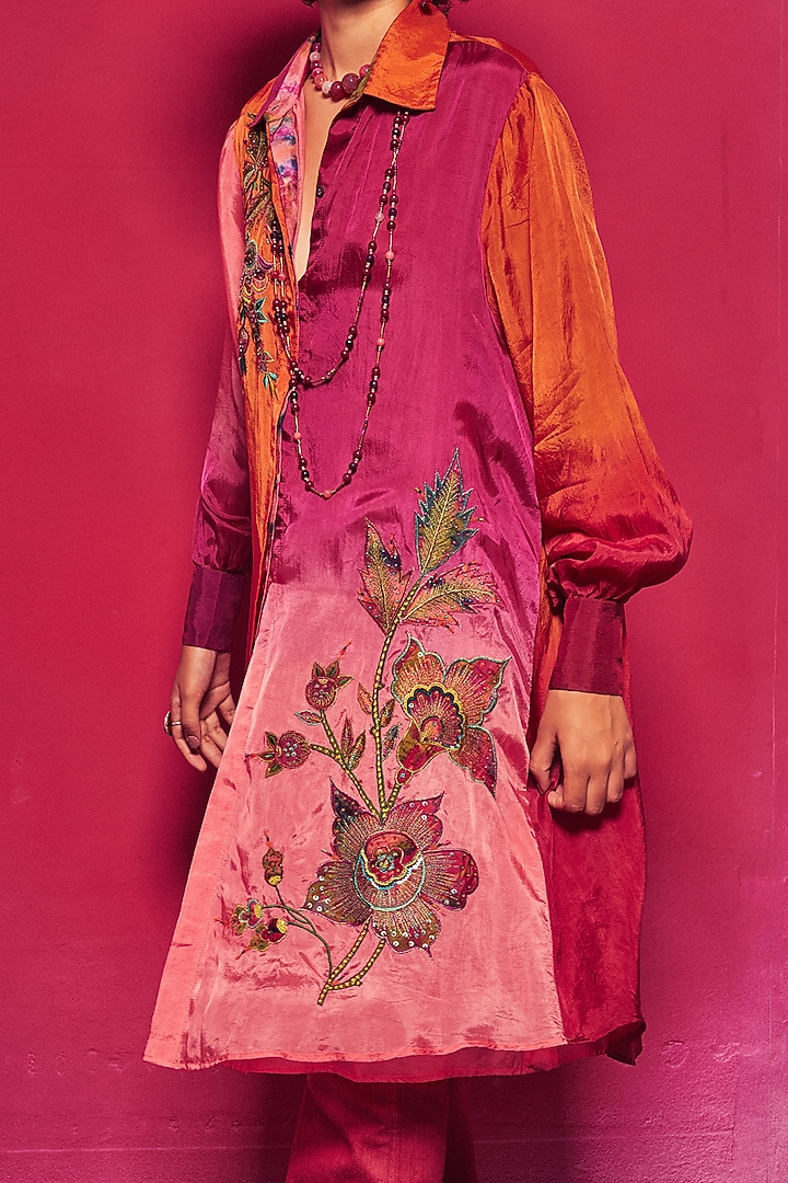 Peach & Fuchsia Ombre Silk Applique Embroidered Long Shirt by Capisvirleo at Pernia's Pop Up Shop