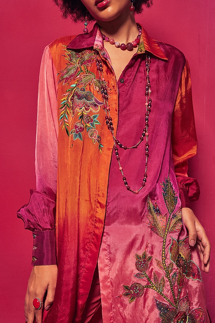 Peach & Fuchsia Ombre Silk Applique Embroidered Long Shirt by Capisvirleo at Pernia's Pop Up Shop