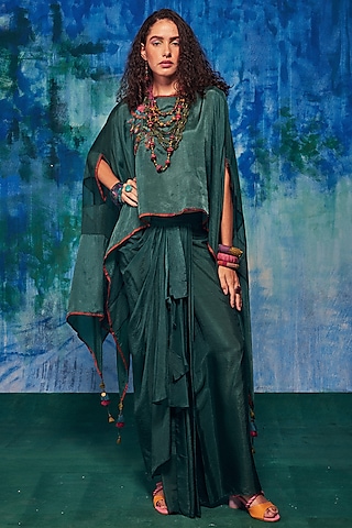 Teal Silk Pleated Skirt Set by Capisvirleo