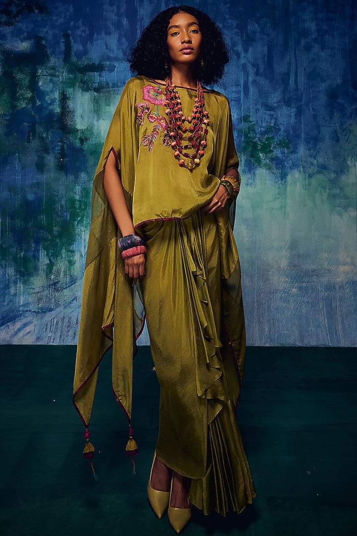 Olive Silk Pleated Skirt Set by Capisvirleo at Pernia's Pop Up Shop