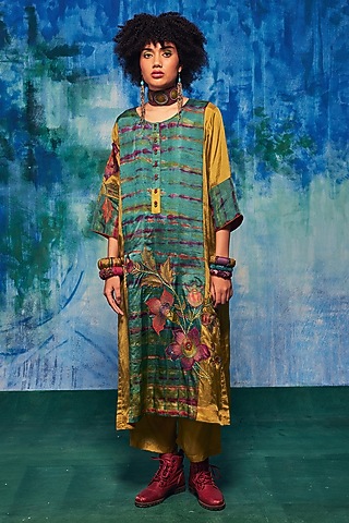 Olive & Teal Silk Applique Embroidered Tie-Dyed Kurta Set by Capisvirleo