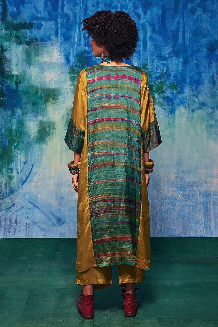 Olive & Teal Silk Applique Embroidered Tie-Dyed Kurta Set by Capisvirleo at Pernia's Pop Up Shop