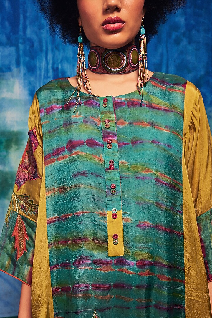 Olive & Teal Silk Applique Embroidered Tie-Dyed Kurta Set by Capisvirleo at Pernia's Pop Up Shop