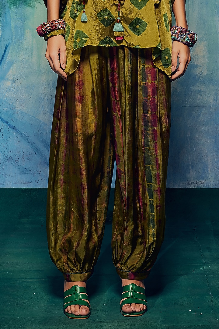 Olive Silk Shibori Dhoti Set by Capisvirleo at Pernia's Pop Up Shop