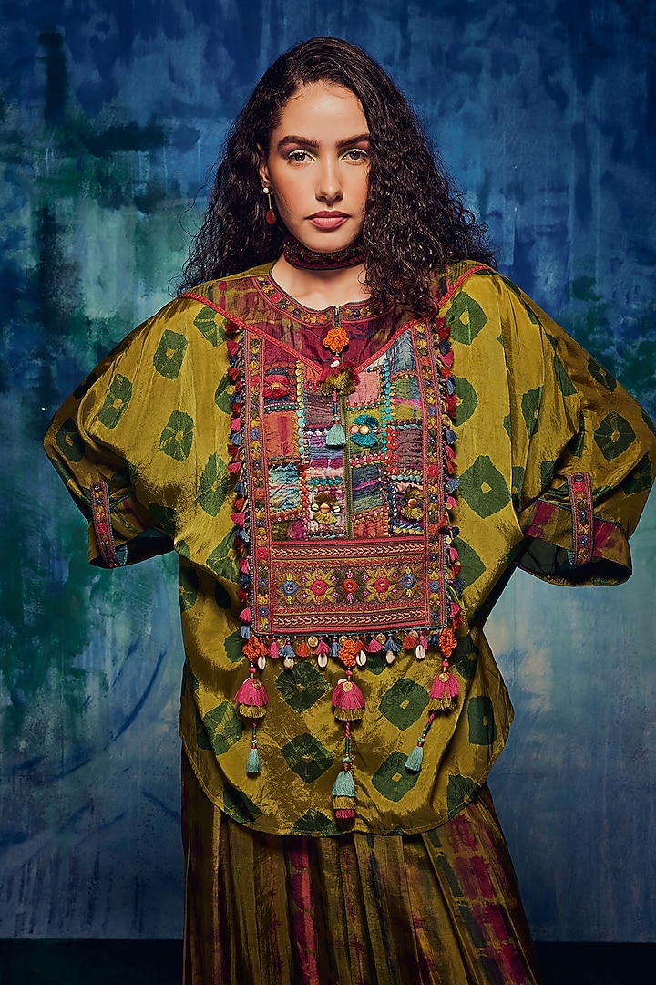 Olive Silk Shibori Dhoti Set by Capisvirleo at Pernia's Pop Up Shop