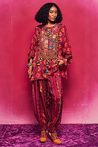 Fuchsia Silk Shibori Dhoti Set by Capisvirleo