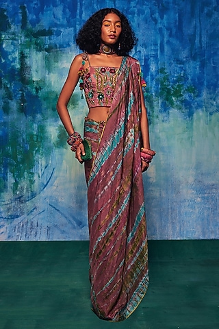 Multi-Colored Silk Tie-Dyed Saree Set by Capisvirleo