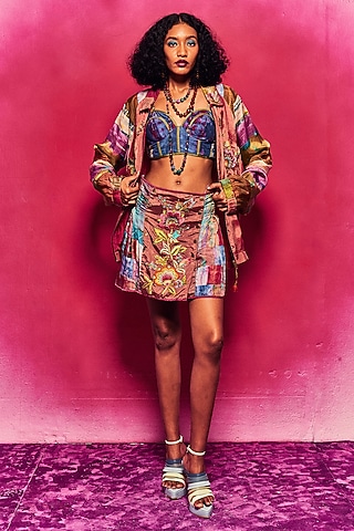 Multi-Colored Silk Embroidered Tie-Dyed Mini Skirt by Capisvirleo