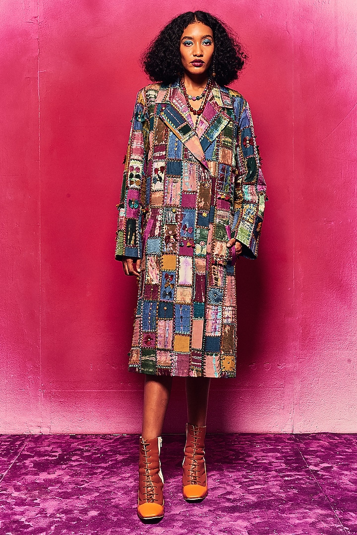 Multi-Colored Silk Aari Embroidered Tie-Dyed Trench Coat by Capisvirleo at Pernia's Pop Up Shop