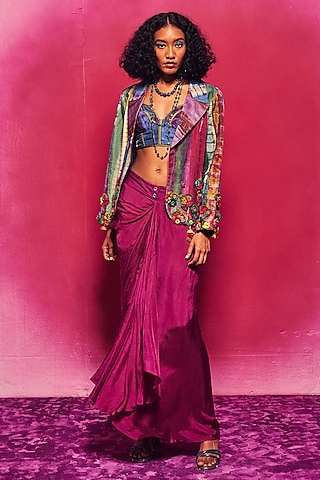 Multi-Colored Silk Draped Skirt Set by Capisvirleo