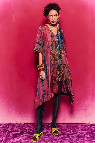 Peach Silk Applique Embroidered Tie-Dyed Kaftan by Capisvirleo