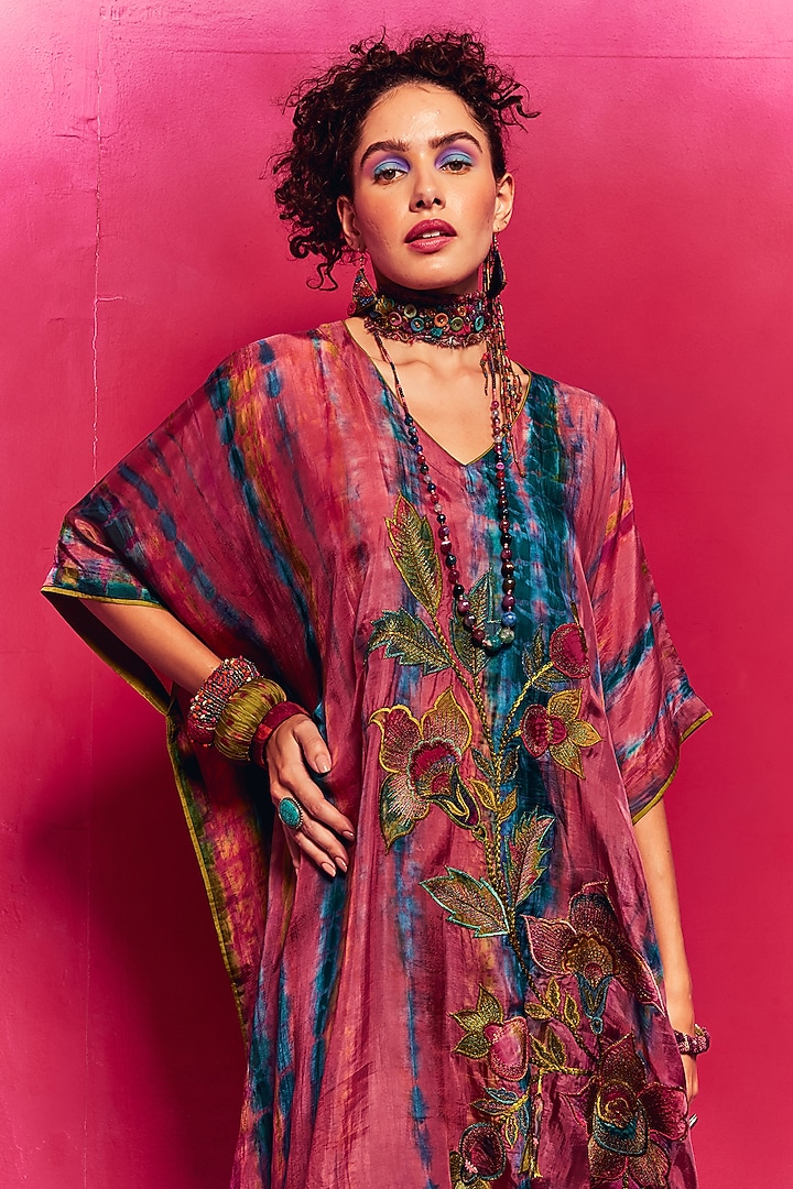 Peach Silk Applique Embroidered Tie-Dyed Kaftan by Capisvirleo at Pernia's Pop Up Shop