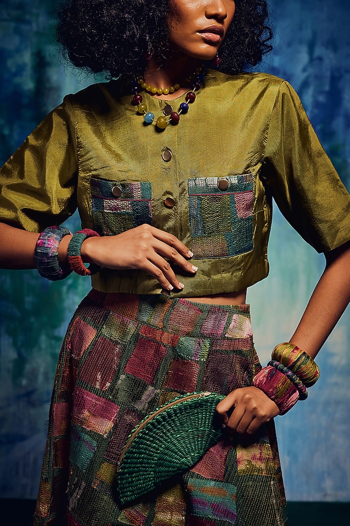 Olive Silk Patch Work Crop Top by Capisvirleo at Pernia's Pop Up Shop