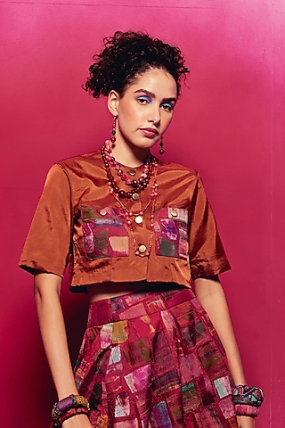 Rust Orange Silk Patch Work Crop Top by Capisvirleo