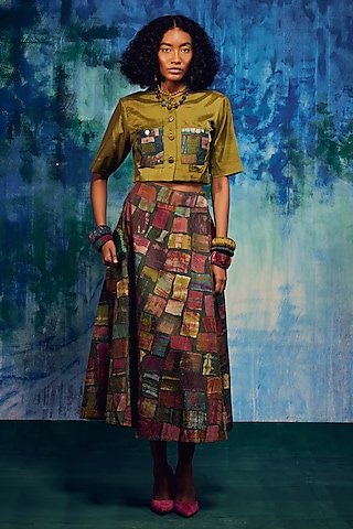 Multi-Colored Silk Patch Work Skirt Set by Capisvirleo