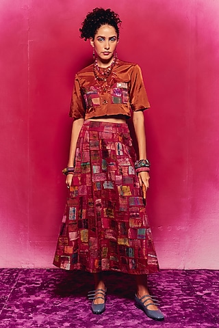 Multi-Colored Silk Patch Work Skirt Set by Capisvirleo