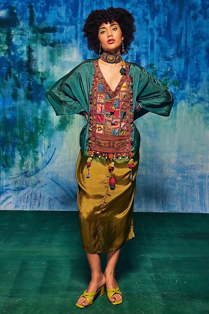 Teal & Olive Silk Patch Work Ombre Kaftan by Capisvirleo at Pernia's Pop Up Shop