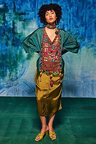 Teal & Olive Silk Patch Work Ombre Kaftan by Capisvirleo
