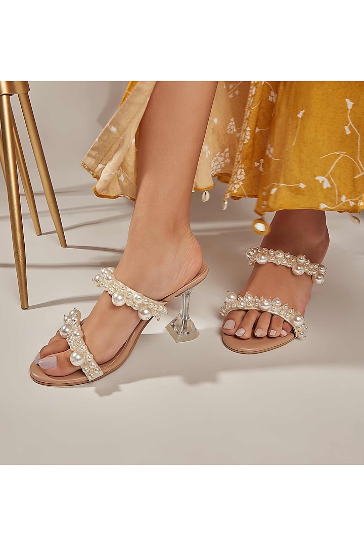 Beige PU & Satin Pearl Work Heels by CAI at Pernia's Pop Up Shop