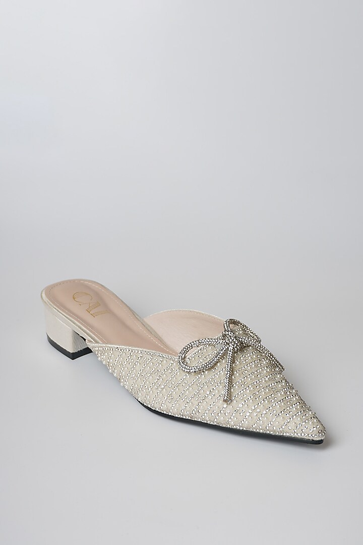 White PU & Vegan Leather Bow Embellished Mule Heels by CAI at Pernia's Pop Up Shop