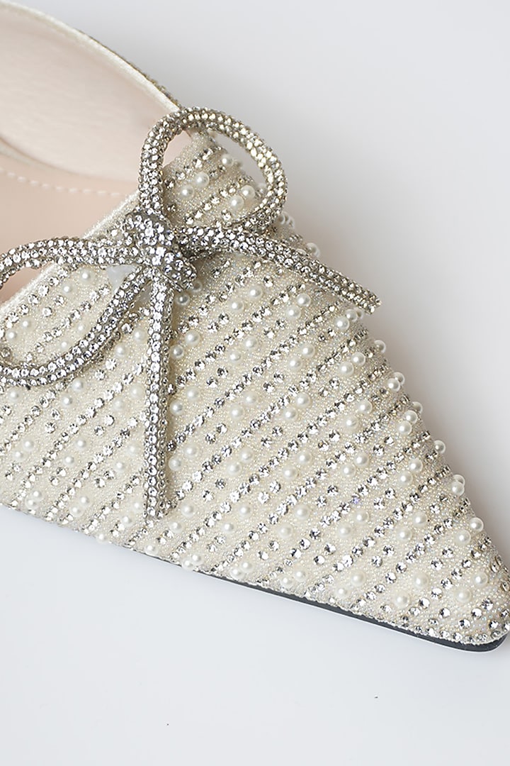 White PU & Vegan Leather Bow Embellished Mule Heels by CAI at Pernia's Pop Up Shop