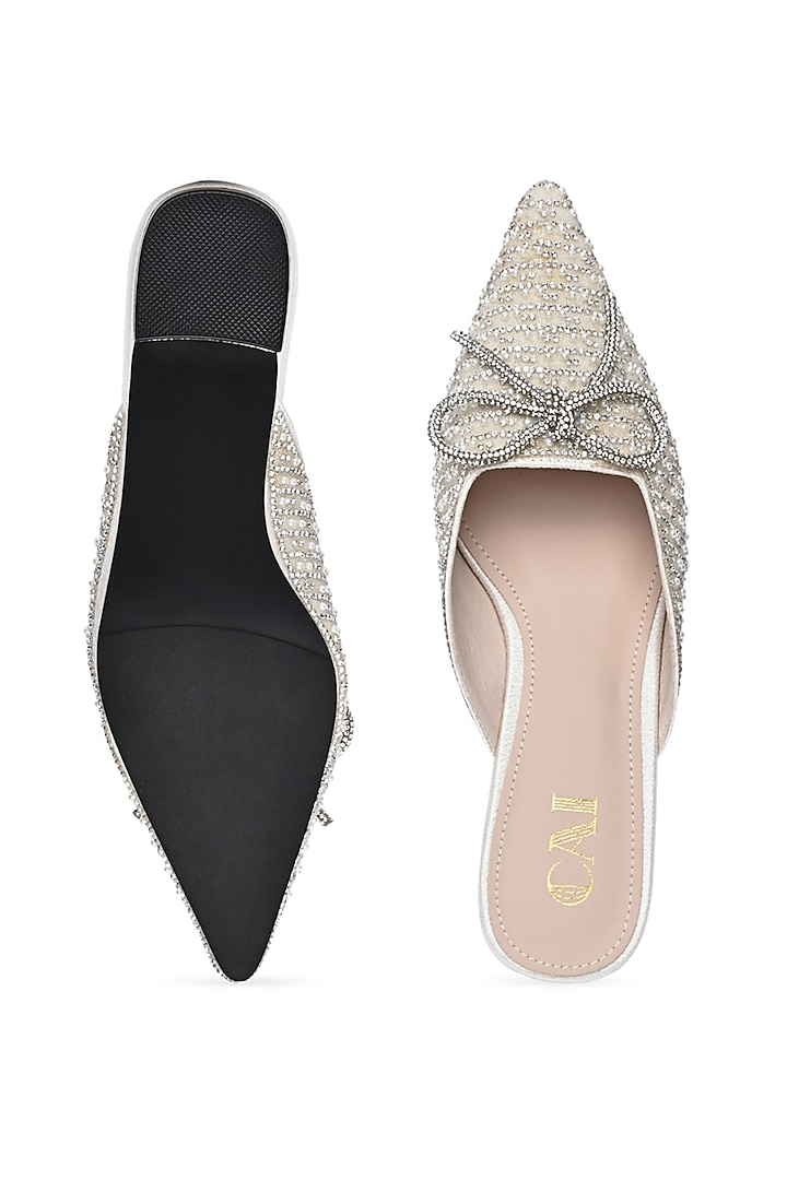 White PU & Vegan Leather Bow Embellished Mule Heels by CAI at Pernia's Pop Up Shop
