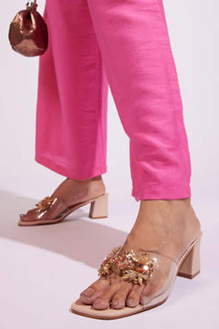 Peach PU Vegan Leather Stone Embellished Heels by CAI