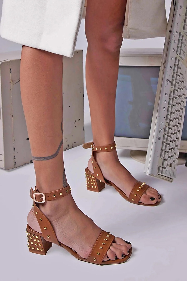 Tan PU Vegan Leather Block Heels by CAI at Pernia's Pop Up Shop