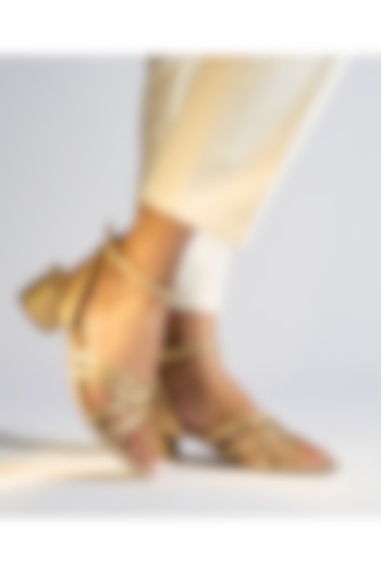 Gold PU Vegan Leather Crystal Embellished Block Heels by CAI at Pernia's Pop Up Shop