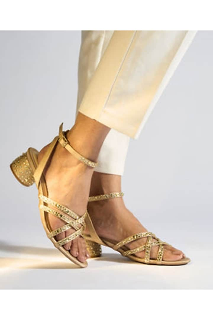 Gold PU Vegan Leather Crystal Embellished Block Heels by CAI at Pernia's Pop Up Shop