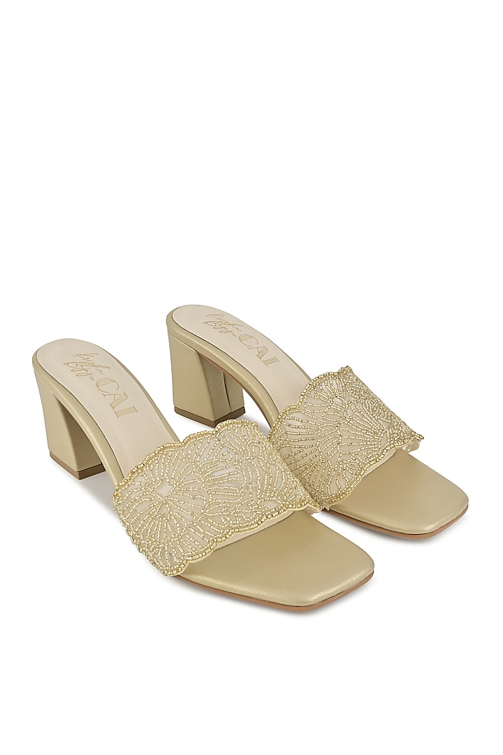 Gold Faux Leather Bead Embellished Heels by CAI