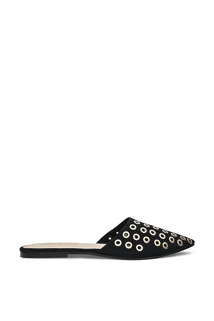 Black Faux Leather Gold Embellished Mules by CAI at Pernia's Pop Up Shop