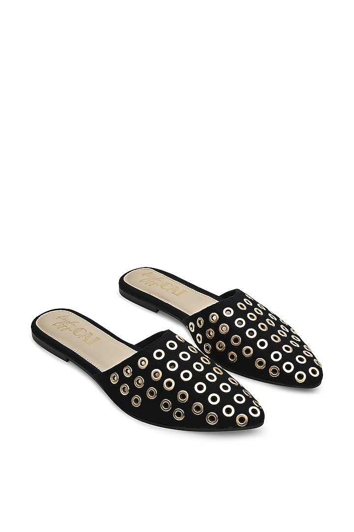 Black Faux Leather Gold Embellished Mules by CAI at Pernia's Pop Up Shop