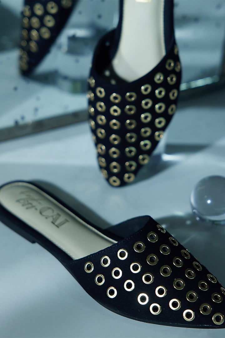 Black Faux Leather Gold Embellished Mules by CAI at Pernia's Pop Up Shop