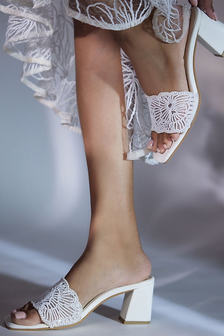 Pearl White Faux Leather Bead Embellished Heels by CAI