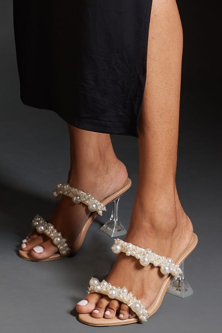 White Faux Leather Dual Pearl Embellished Heels by CAI at Pernia's Pop Up Shop