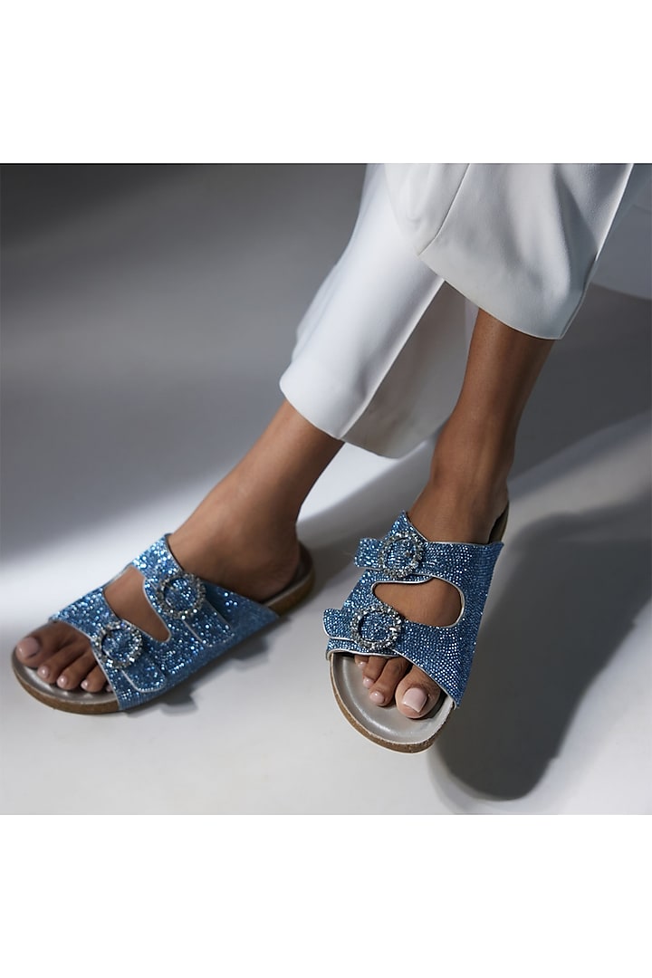 Blue Faux Leather Rhinestone Embellished Buckle Sliders by CAI