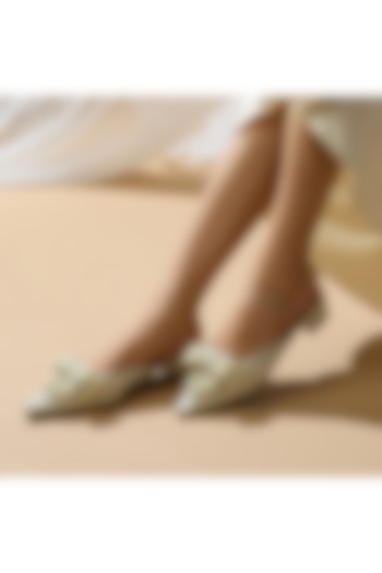 White PU Vegan Leather Pearl Embroidered Mule Heels by CAI at Pernia's Pop Up Shop