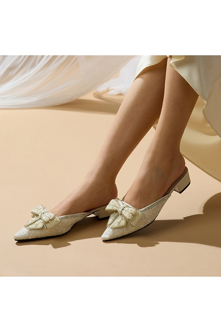 White PU Vegan Leather Pearl Embroidered Mule Heels by CAI at Pernia's Pop Up Shop