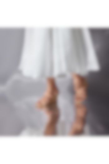 Peach PU Leather & Satin Crystal Embroidered Wedges by CAI at Pernia's Pop Up Shop