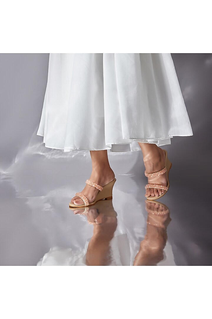 Peach PU Leather & Satin Crystal Embroidered Wedges by CAI at Pernia's Pop Up Shop