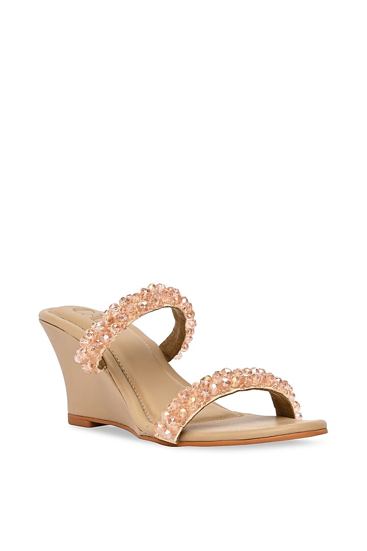 Peach PU Leather & Satin Crystal Embroidered Wedges by CAI at Pernia's Pop Up Shop